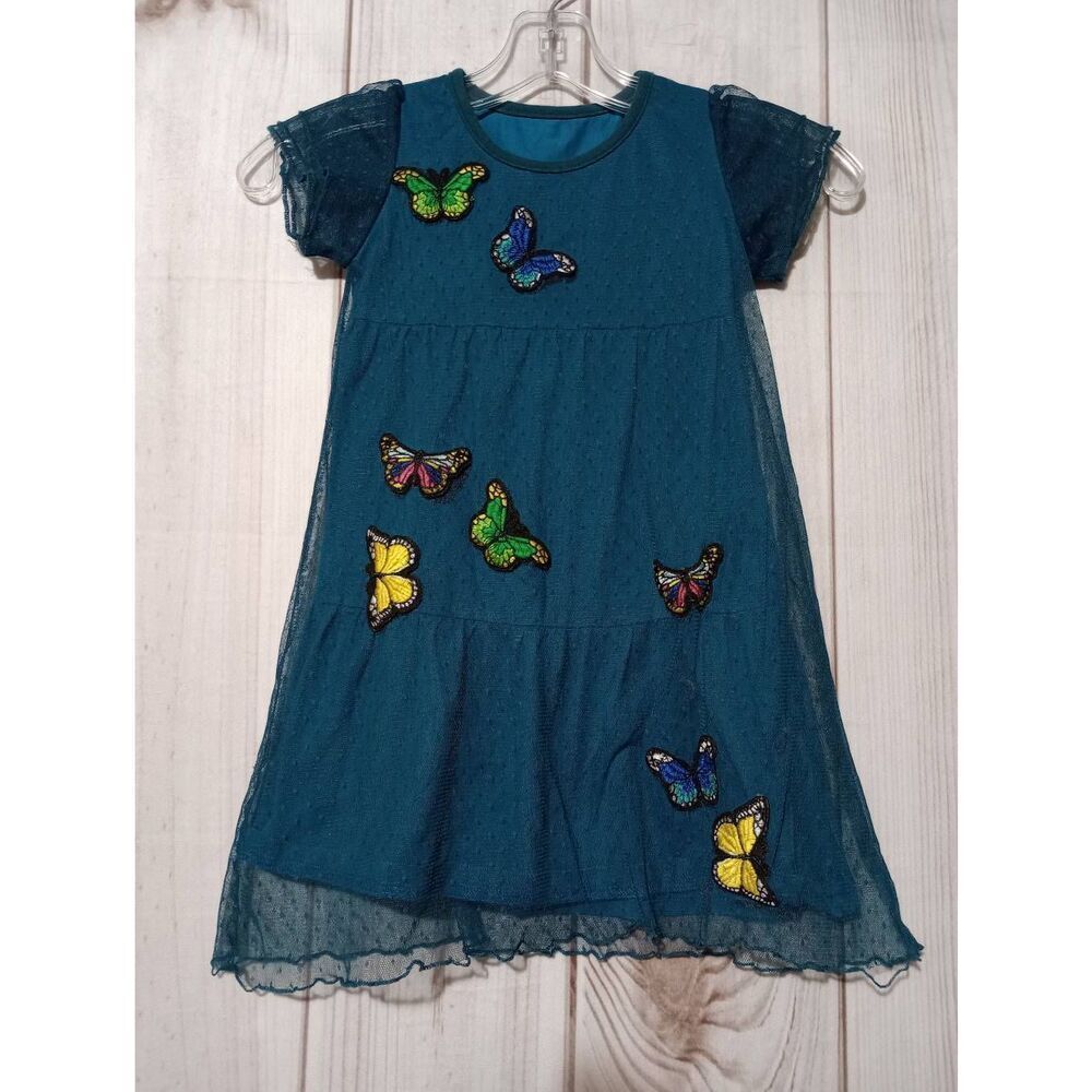 Turquoise Butterfly Dress Girls 5‎ Mesh Overlay Short Sleeve